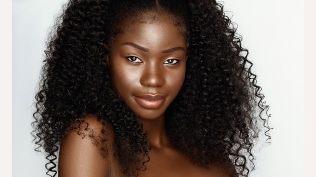 Mulher com cabelo cacheado olhando para a câmera.