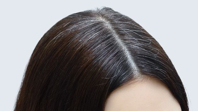 Mulher com cabelos brancos no cabelo.