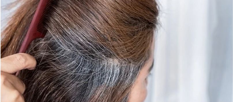 Mulher usando um pente vermelho para separar mechas da raiz, revelando a concentração de fios brancos entre os cabelos castanhos, ilustrando o desafio de disfarçar cabelo branco na região da raiz.