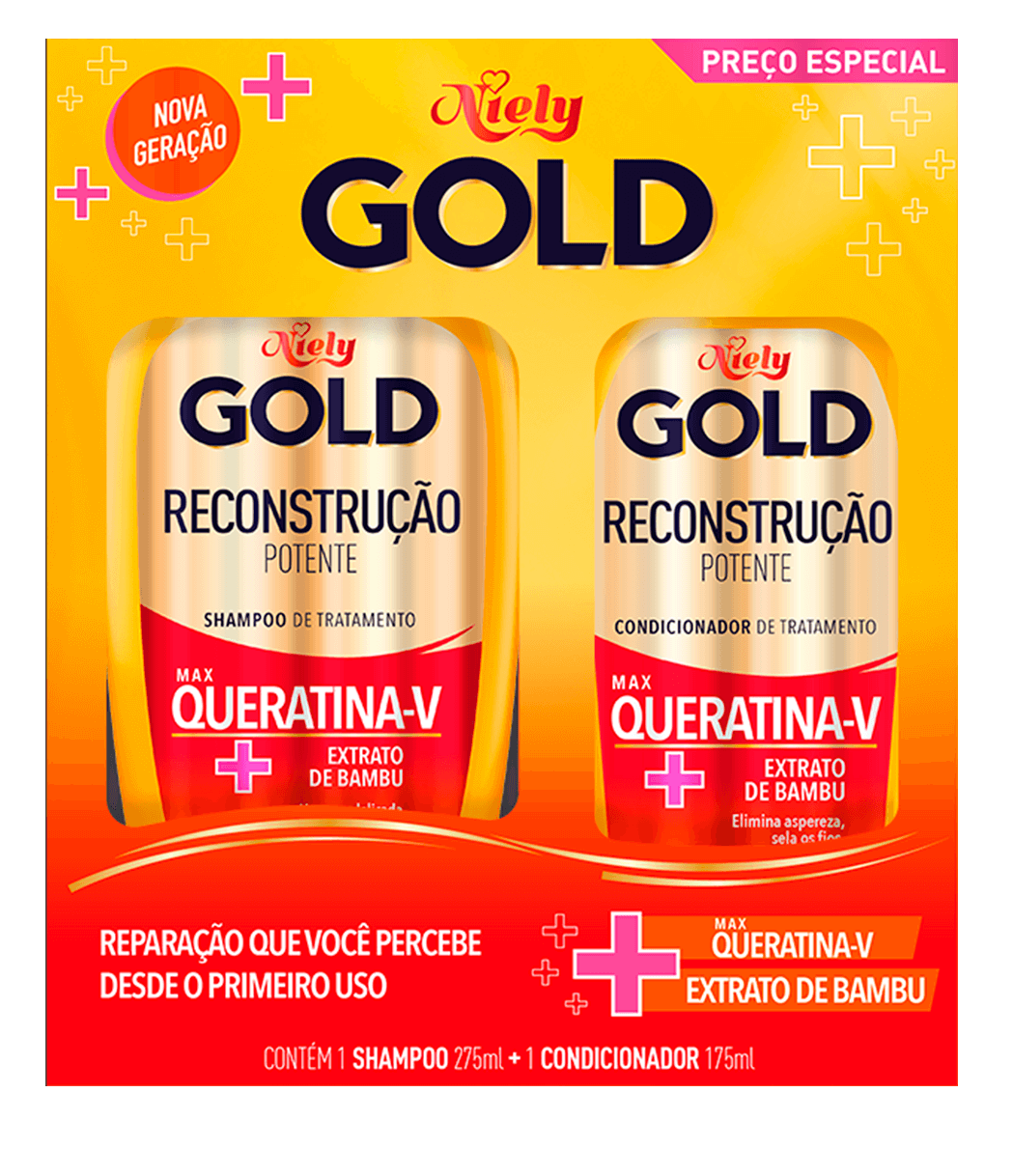 Imagem Packshot Kit Especial (Shampoo + Condicionador) Niely Gold Reconstrução Potente | Fique Diva