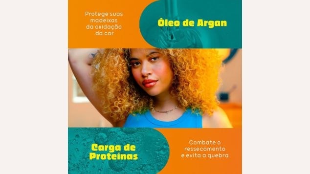 Modelo no meio e legendas que falam dos ativos da linha Niely Gold Pós-Química Poderoso.